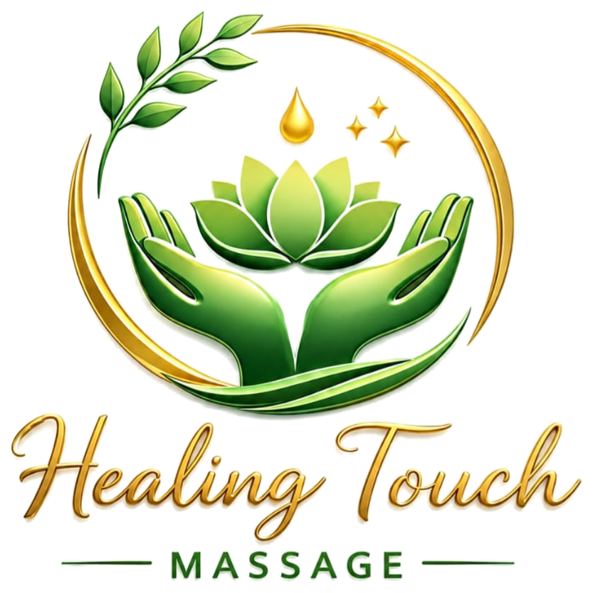 Healing Touch Massage logo with lotus, caring hands and gold circle