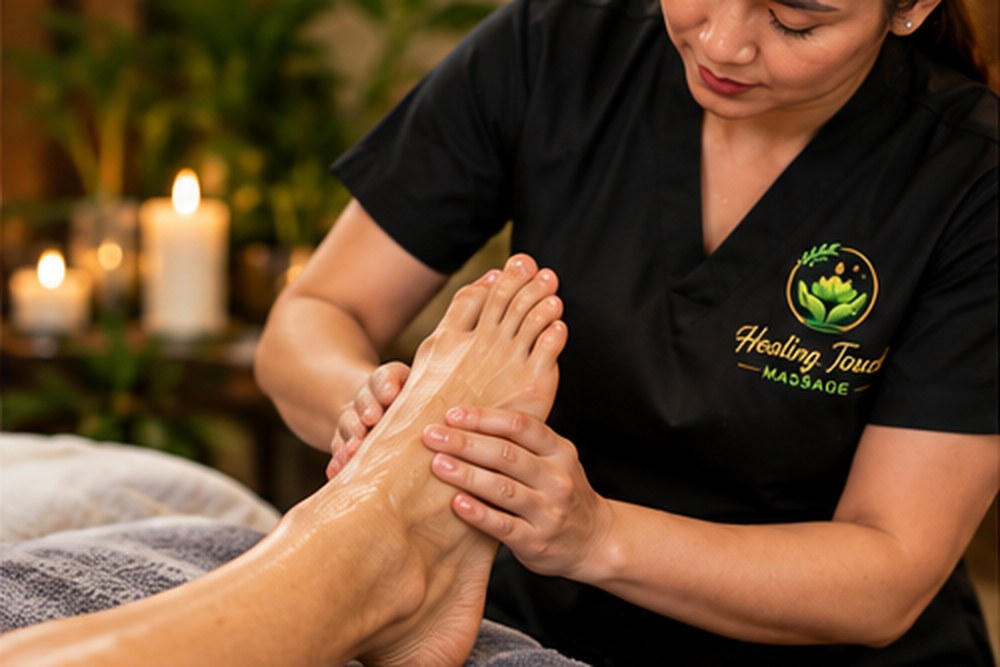 Relaxing foot massage therapy with pressure point techniques