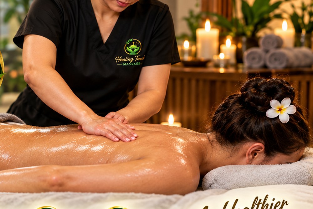 Therapist performing a relaxing full body oil massage on a client's back