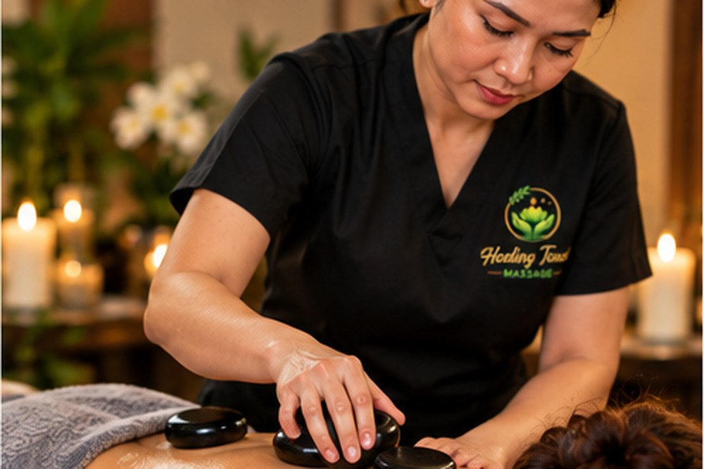 Warm hot stones placed along the back during a hot stone massage