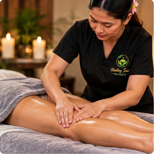 Therapist guiding an assisted leg stretch during a sports massage