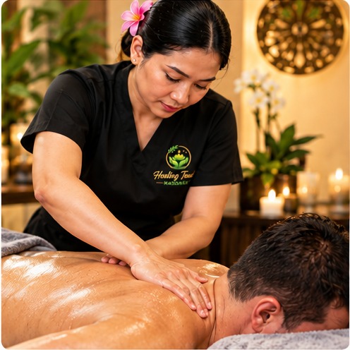 Professional massage therapist performing a relaxing oil massage in a calm candlelit home spa setting